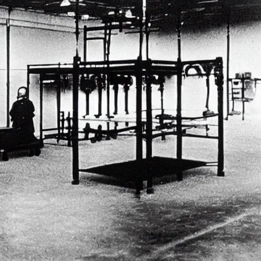 Image similar to a historical photograph of Marcel Duchamp surrounded my ancient machines in a vast empty white room, 1919, courtesy of Centre Pompidou