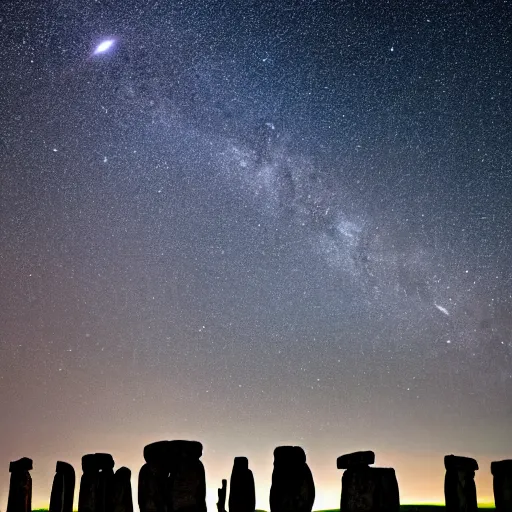 Image similar to a high - quality photo of the perseid meteor shower over stonehenge, milky way, long exposure, iso 1 6 0 0, astrophotography, f 2. 8