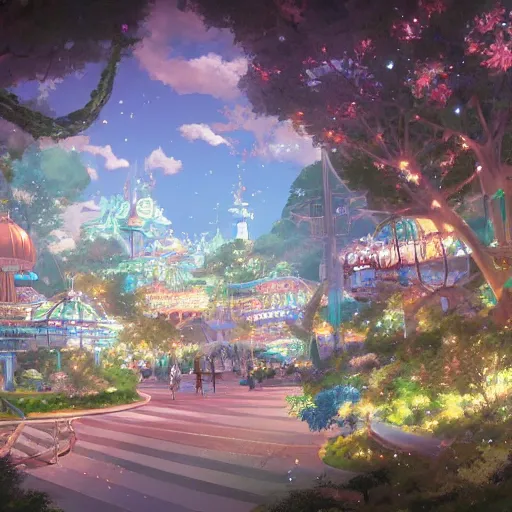 Prompt: a magical theme park, by makoto shinkai, highly detailed, artstation, high resolution