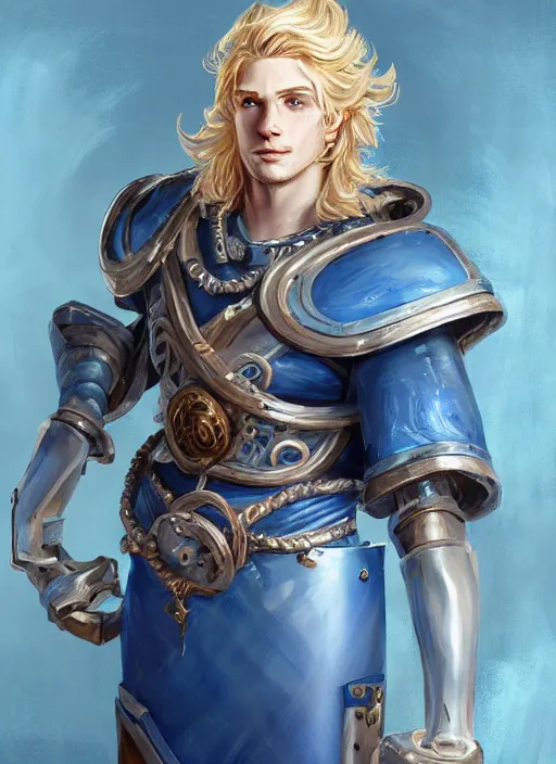 Prompt: a highly detailed illustration of long wavy bright blonde haired effeminate boy wearing blue blacksmith apron and iron cybermechanical arms, blue eyes, dramatic smiling pose, intricate, elegant, highly detailed, centered, digital painting, artstation, concept art, smooth, sharp focus, league of legends concept art, wlop