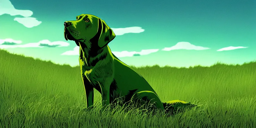 Prompt: hyperrealist, graphic novel illustration of a green labrador retriever with shaggy green fur and green dye sitting on a grassy hill, pulp 7 0's sci - fi vibes, 9 0's hannah barbara fantasy animation, cinematic, movie still, studio ghibli masterpiece