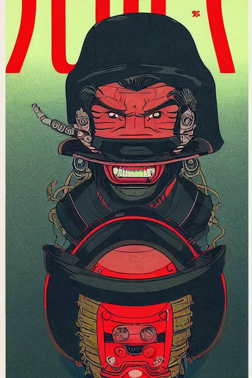 Prompt: 1 9 7 9 omni magazine cover of hiroyuki sanada in a samurai hat and oni mask. simple stylized cyberpunk photo by josan gonzalez.