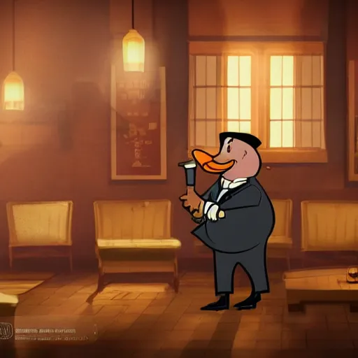 Prompt: chubby cartoon duck detective smoking cigar in 1 9 2 0's prohibition era attire in a chicago speakeasy. depth of field, zeiss lens, detailed, asymmetrical, breathtaking, 8 k resolution, extremely detailed, beautiful, establishing shot, artistic, hyperrealistic, beautiful face, octane render, by victor hugo