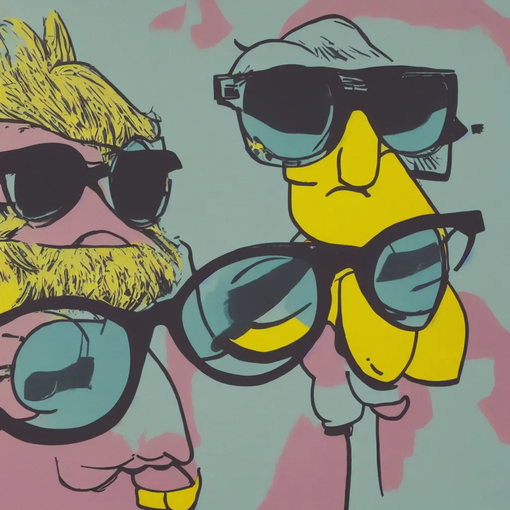 Prompt: anthropomorphic lemon wearing sunglasses, muted pastel colors, intricate, highly detailed, smooth, sharp focus, detailed face, high contrast, art by andy warhol