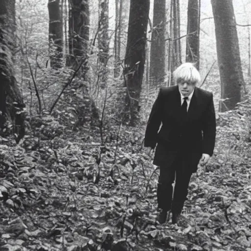 Image similar to found footage of boris johnson lost in the forest, last known photo, 1980s, eerie