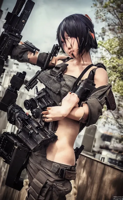 Prompt: an escalating violent firefight, highly detailed, high resolution, cosplay photo, stunning, girls frontline style, bokeh soft, 100mm, trending on instagram, by professional photographer, featuring shishiro botan, realistic human anatomy, real human face, realistic military carrier, modern warfare, realistic weapon, shot with a arriflex 35 ii, low saturation, small human eyes, running pose, jumping soldier, modern military helmets