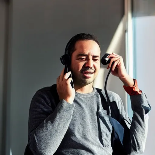 Image similar to “a man talking on the phone to Qantas customer support”