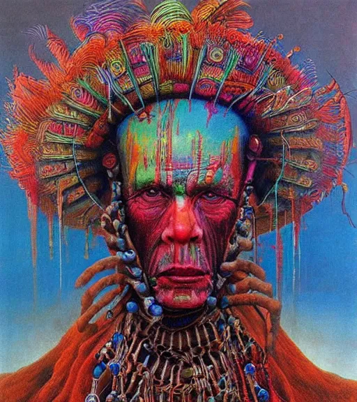 Image similar to Portrait painting in a style of Beksinski mixed with Alex Grey of an old shaman dressed in a colorful traditional clothes. Very psychodelic