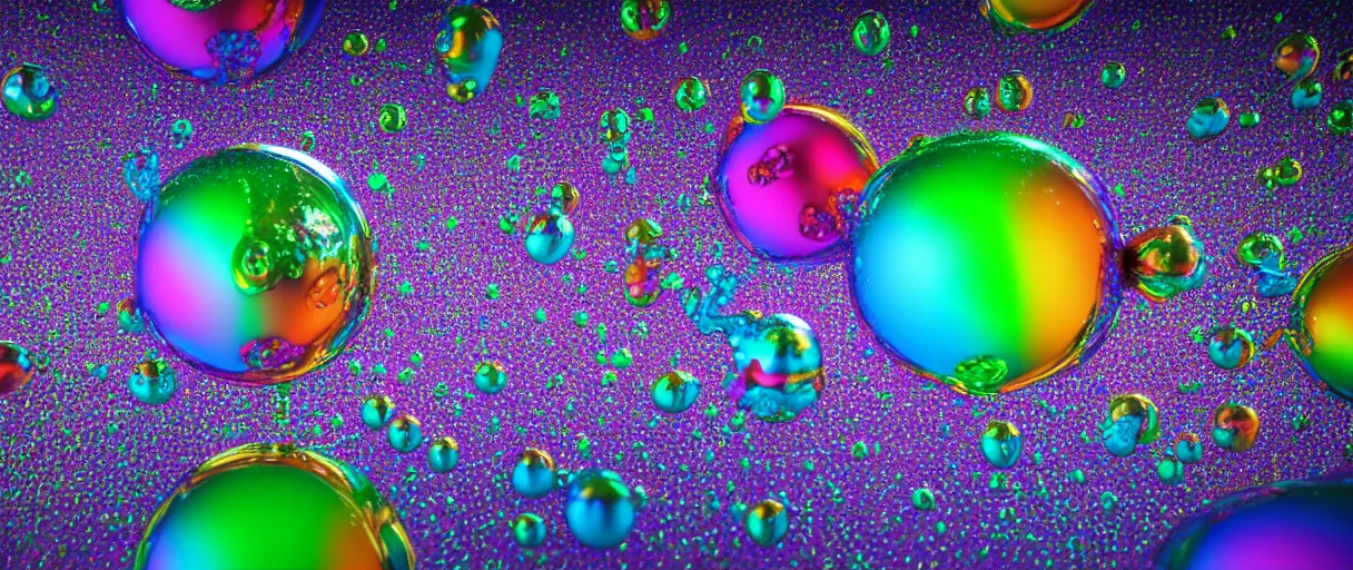 Image similar to surreal chrome rainbow bubbly liquid, 3 d octane render, reflective, raytracing, dynamic lighting, focus