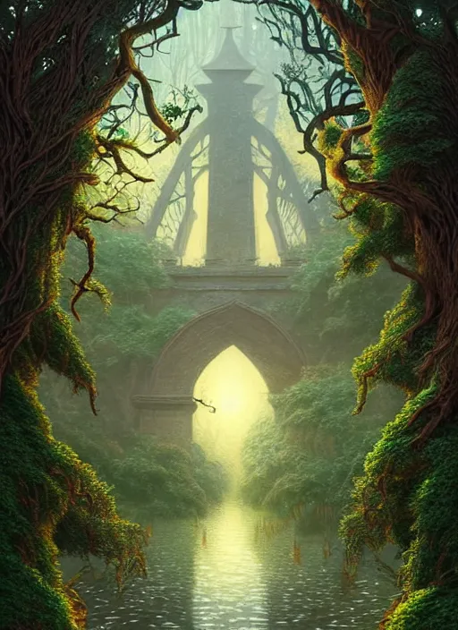 Image similar to book cover!!!!!!!!!!!!, old bridge, ivy vector elements at each border, fantasy forest landscape, fantasy magic, light night, intricate, elegant, sharp focus, illustration, highly detailed, digital painting, concept art, matte, art by wlop and artgerm and ivan shishkin and andrey shishkin, masterpiece
