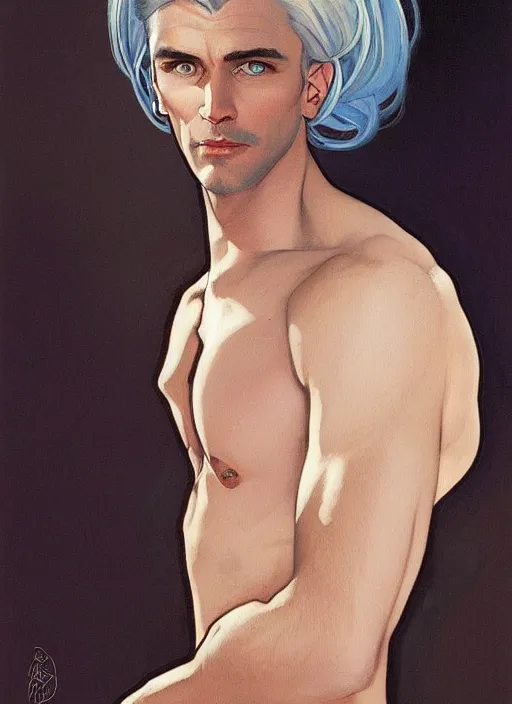 Prompt: a painting of a slender, clean shaven 35 year old man with blue eyes and white hair. He has a sharp nose and a witty, smug expression. by Artgerm and Greg Rutkowski and Alphonse Mucha, dramatic studio lighting