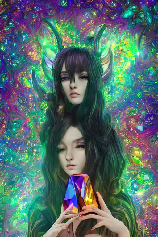 Image similar to acid trip, hall of mirrors, intricate, highly detailed, anime, 4k, a beautiful seductive deer woman holding a crystal containing the universe, with professional makeup, long trippy hair, surrounded by gems, underneath the stars, trending on patreon, deviantart, twitter, artstation, volumetric lighting, heavy contrast, by artgerm and Ilya Kuvshinov and alphonse mucha