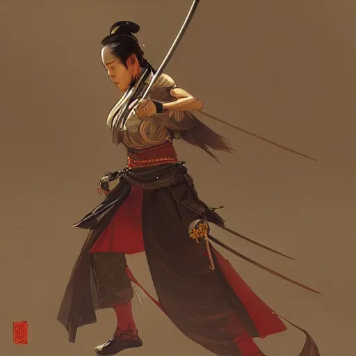 Image similar to female Samurai wielding a katana, highly detailed, digital painting, artstation, concept art, sharp focus, illustration, cinematic lighting, art by artgerm and greg rutkowski and alphonse mucha