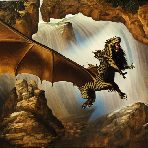 Image similar to oil painting of a dragon flying in the air near a cave with a waterfall in the center, light emanating from the waterfall leading to a big pool of water, dragon has black and white siberian tiger stripes, elegant, sharp focus, wide shot, clear, detailed, early renaissance