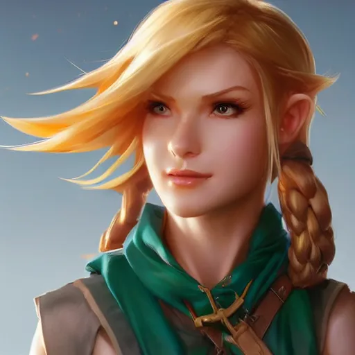 Prompt: female version of Link, made by Stanley Artgerm Lau, WLOP, Rossdraws, ArtStation, CGSociety, concept art, cgsociety, octane render, trending on artstation, artstationHD, artstationHQ, unreal engine, 4k, 8k,