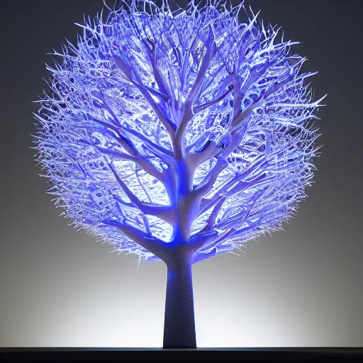 Prompt: a beautiful tree, religious delusion communities and cults the next few minutes, four light that had been released sculpture, structure, ray trace 4 k