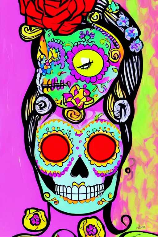 Prompt: Illustration of a sugar skull day of the dead girl, art by peter max