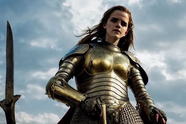 Prompt: promotional image of Emma Watson as Joan of Arc in the new movie directed by Ridley Scott, full suit of gilded plate armor, verdant green fields, god rays, detailed face, holding a sword, movie still, promotional image, imax 70 mm footage