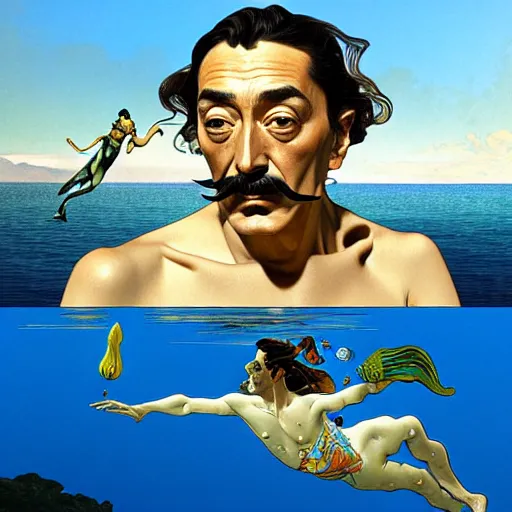 Image similar to portrait of salvador dali snorkeling in cap de ras, highly detailed, digital painting, artstation, sharp focus, illustration, art by tan zi and alphonse mucha