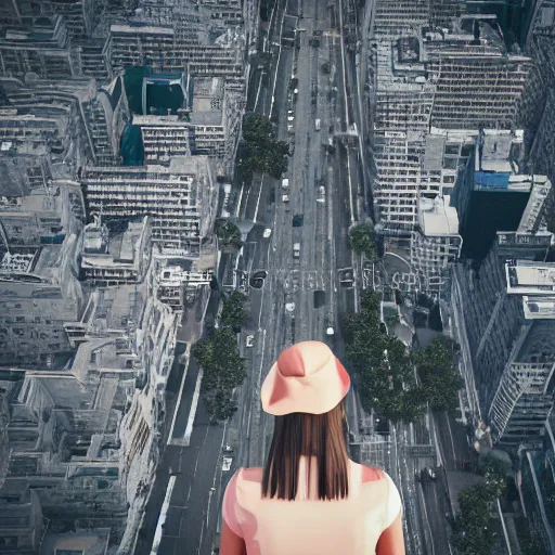 Image similar to woman, city, looking down, street top view, 3 d render