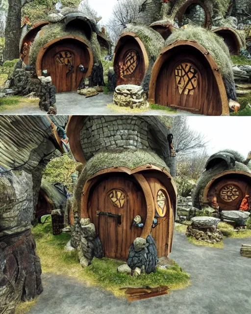 Image similar to fantasy town with a stand - alone blacksmith shop, stand - alone bakery, stand - alone tavern, stand - alone courthouse, stand - alone guardhouse, midday, viking style - hobbit homes, with elf - tree houses, in the style of real fantasy,