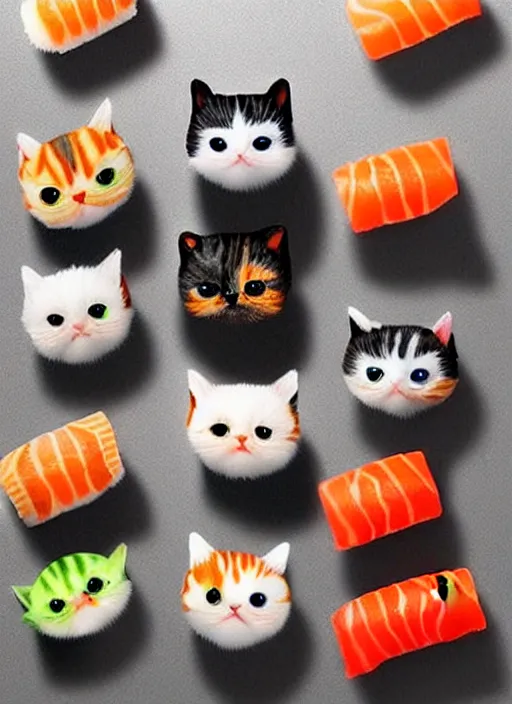 Image similar to clear photorealistic picture of adorable cats made out of sushi