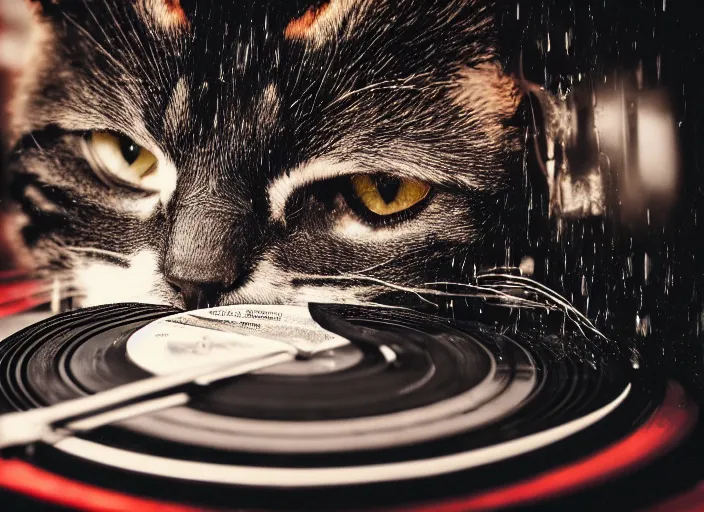 Image similar to photography of a Cat sitting on a record player. in a room full of posters, photorealistic, raining award winning photo, 100mm, sharp, high res