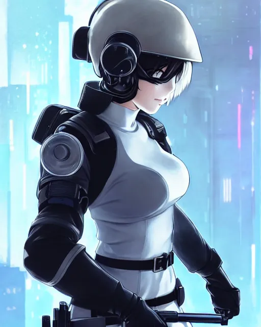 Image similar to 2 b, anime key visual of a young female swat officer, neon, cyberpunk, futuristic, white outfit, black swat vest, swat helmet, holding pdw, stunning, highly detailed, digital painting, smooth, soft focus, illustration, poster, japanese typography, digital art from artstation by artgerm and greg rutkowski and alphonse mucha