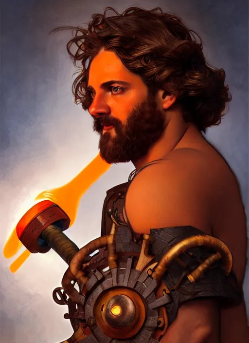Image similar to the greek god hephaestus, brown hair, holding hammer, steampunk, beautiful glowing eyes, volumetric lights, red and orange theme, art nouveau botanicals, intricate, highly detailed, digital painting, artstation, concept art, smooth, sharp focus, cinematic, illustration, beautiful face, art by artgerm and greg rutkowski and alphonse mucha