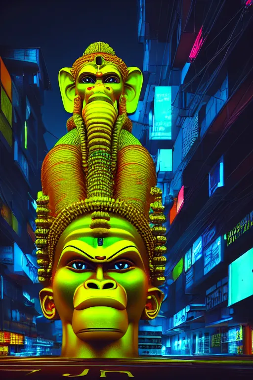 Image similar to high quality 3 d render hyperrealistic cyberpunk hanuman head building, neon yellow madhubani, highly detailed, in sci - fi mumbai, unreal engine cinematic smooth, liam wong, moody light, low angle, uhd 8 k, sharp focus