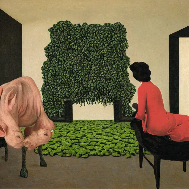 Image similar to a pathology student in her apartment, wrapped in vines, large stones, pig, black walls, ikebana, black armchair, puddles, moss, acrylic on canvas, surrealist, by magritte and monet