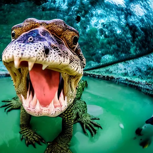 Prompt: these crocodiles can walk on two legs, fish eye lens