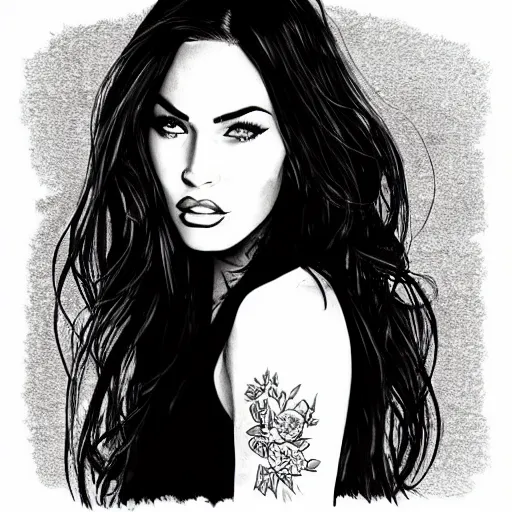 Image similar to “Megan Fox portrait, color illustration by theflowerguy”