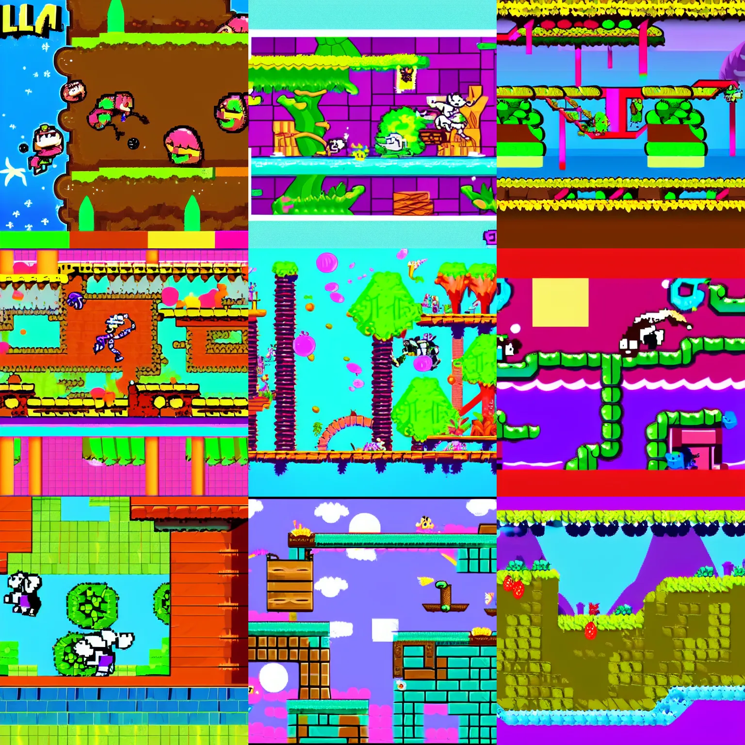 Prompt: 2d side scrolling platformer inspired by the underwater donkey Kong levels, painted with colors that would be used by the Lisa frank company