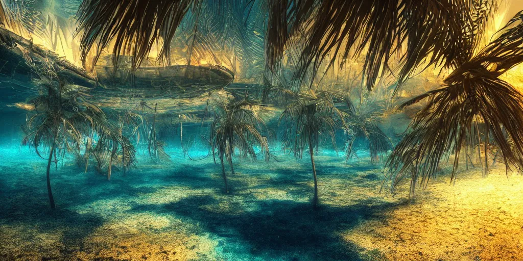 Image similar to under water sunken city with beach with palmtrees seaweed air bubbles, golden hour, caustics, shallow depth of field, moody lighting, 8 k, concept art,