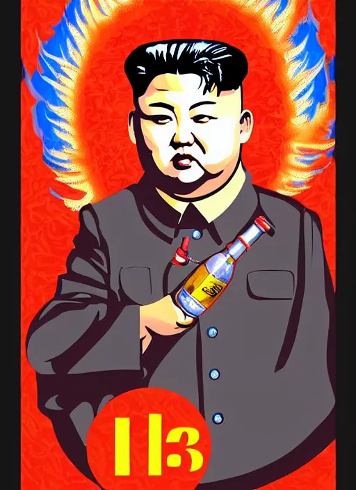Image similar to kim jong - un with a bottle of vodka on an icon with a halo of fire, scary infernal art in color