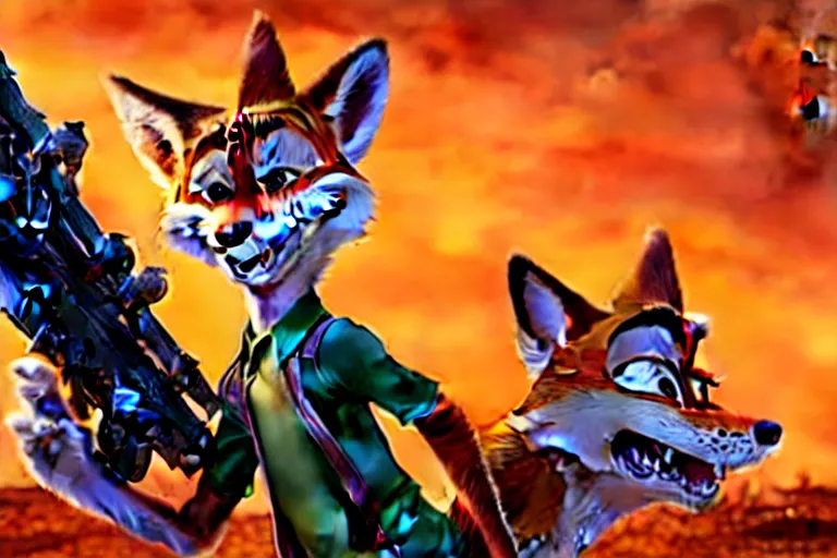 Image similar to nick wilde ( from zootopia ), heavily armed and armored facing down armageddon in a dark and gritty reboot from the makers of mad max : fury road