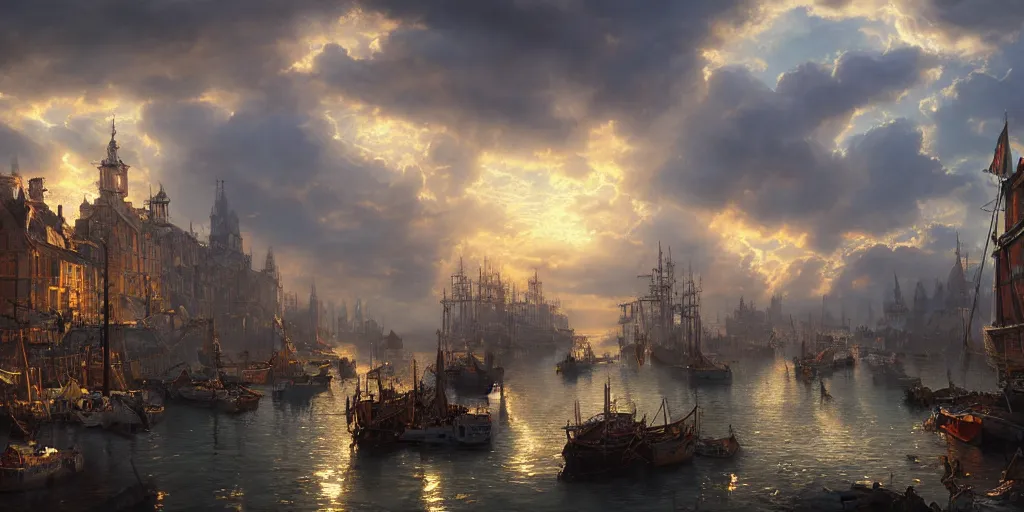 Image similar to beautiful seventeenth century harbour city, vivid colors, gorgeous clouds, god rays, digital art, landscape, fantasy art, octane render, ureal engine, high detail, very realistic, by greg rutkowski. by james gurney