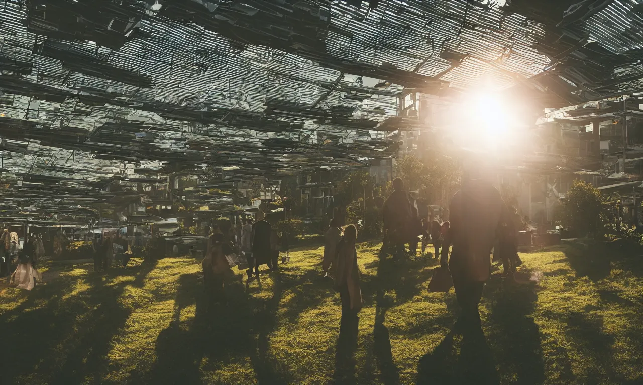 Prompt: candid photo of sunrise atmospherics in a futuristic solarpunk utopia, hanging solar gardens with animals and humans walking in peace, brilliant daylight, leica 8 k still from an a 2 4 film