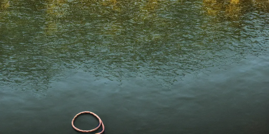 Image similar to symmetrical color photograph of an infinitely long rope submerged on the surface of the water, the rope is snaking from the foreground towards the center of the lake, a dark lake on a cloudy day, trees in the background, moody scene, anamorphic lens