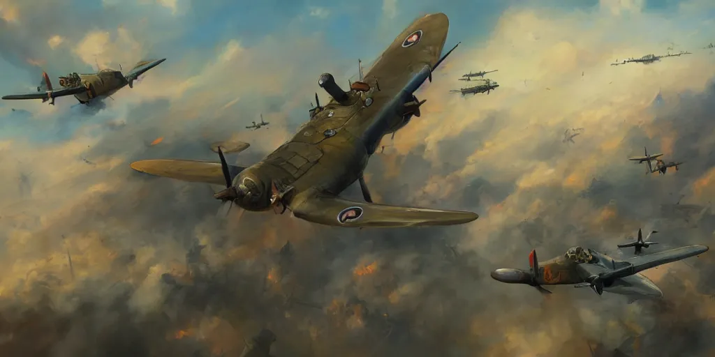 Image similar to airplane battle, ww2, world war 2, wide shot, by Jason Felix by Steve Argyle by Tyler Jacobson by Peter Mohrbacher, oil painting, matte painting, artistic, painting, art