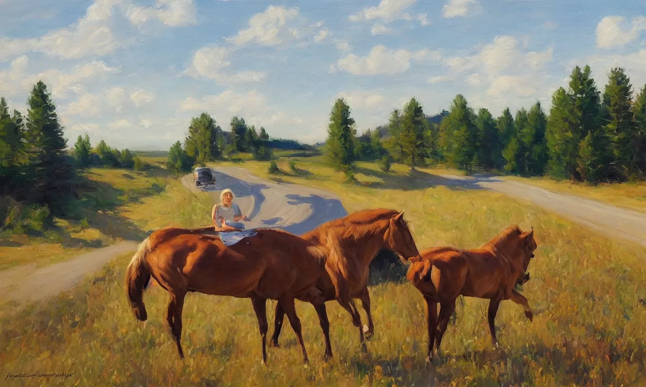 Prompt: 1950 blonde driving a mustang on a country road, moose, Swedish countryside, freedom, dawn, impressionism, realistic, painting by Vladimir Volegov, artstation, beautiful, masterpiece