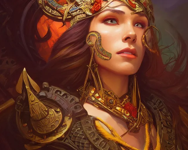 Prompt: photography of aztec warroir, deep focus, d & d, fantasy, intricate, elegant, highly detailed, digital painting, artstation, concept art, matte, sharp focus, illustration, hearthstone, art by artgerm and greg rutkowski and alphonse mucha