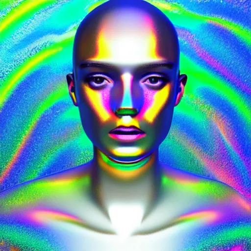 Image similar to 3d render of holographic human robotic head made of glossy iridescent, surrealistic 3d illustration of a human face non-binary, non binary model, 3d model human, cryengine, made of holographic texture, holographic material, holographic rainbow, concept of cyborg and artificial intelligence