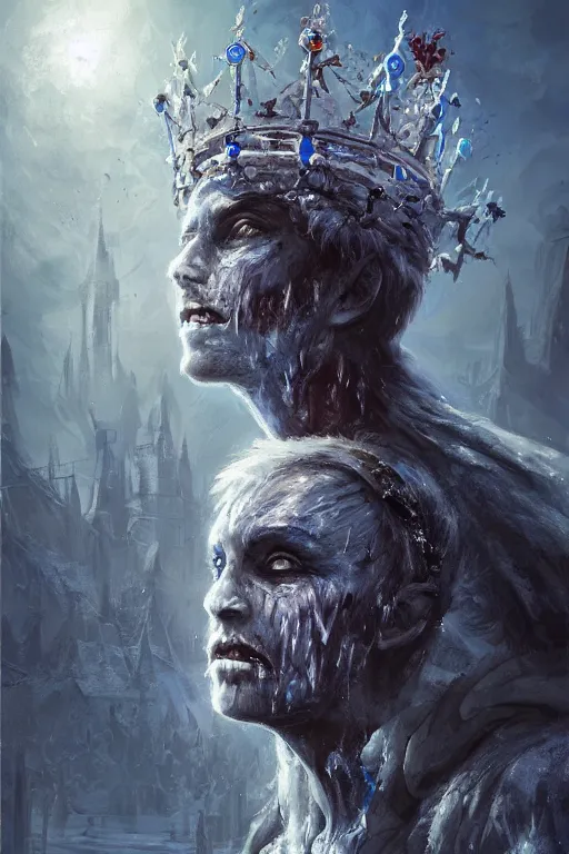 Image similar to frozen zombie man with a crown, eyes glowing blue, saling ship in the background, is at dawn and bluish, fantasy, intricate, elegant, digital painting, highly detailed, artstation, sharp focus, illustration, concept art, ruan jia, steve mccurry