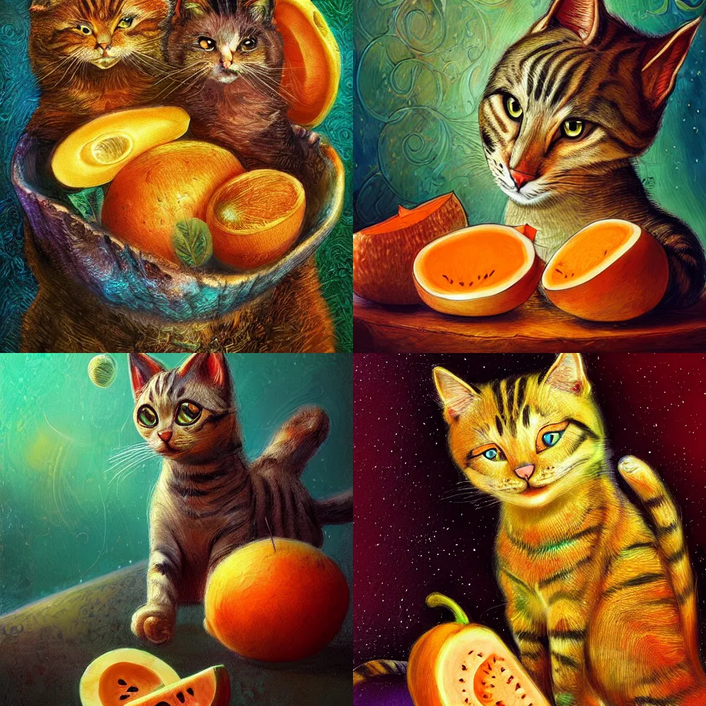 Prompt: cats with a cantaloupe by petros afshar and josephine wall, artstation, textured, hdr