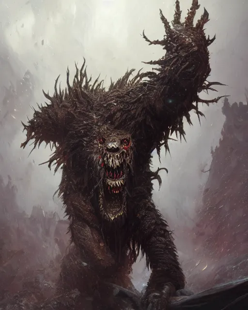 Image similar to oil painting of Angry Lovecraftian Beast Berserker, wearing fur armor, claws, sharp focus, attack pose, fantasy style, octane render, volumetric lighting, 8k high definition, by greg rutkowski, highly detailed, trending on art Station, magic the gathering artwork, spaceship hallway background, centered, horror, sci-fi atmosphere