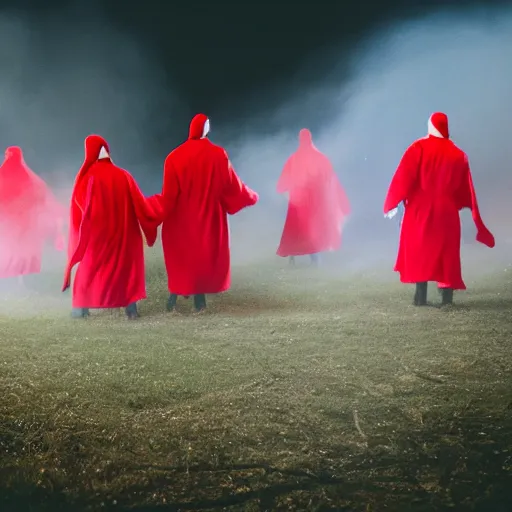 Image similar to A group of red robed cultist circling a bonfire at night. There robes has cultist markings on them. Dark, dreary, otherworldly, cinematic lighting, Nano.