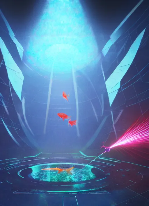 Image similar to the goldfish god at the center of the laser reflection array, dark scifi concept art