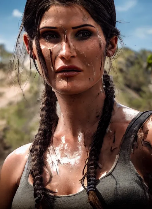 Image similar to a film still kyle jenner as lara croft as cowgirl, her face flushing and sweat, direct sun light, close up potrait, cinematic,